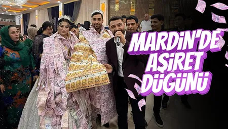 Mardin'de düğünde gelin ve damada paradan yelek giydirip, taç taktılar