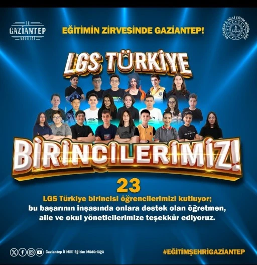 EĞİTİM ŞEHRİ GAZİANTEP’TEN LGS’DE DEV BAŞARI: 23 ÖĞRENCİ TÜRKİYE BİRİNCİSİ 
